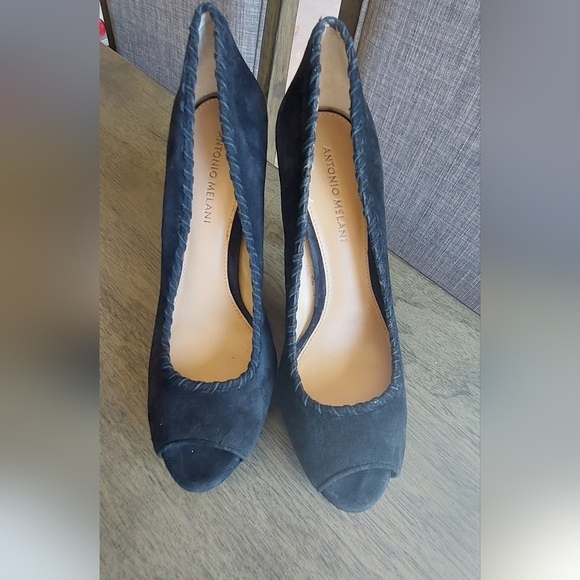 Antonio Melani Luna Black Suede Leather Peep Toe Stiletto Platform Heels Sz 9.5M - Picture 4 of 12